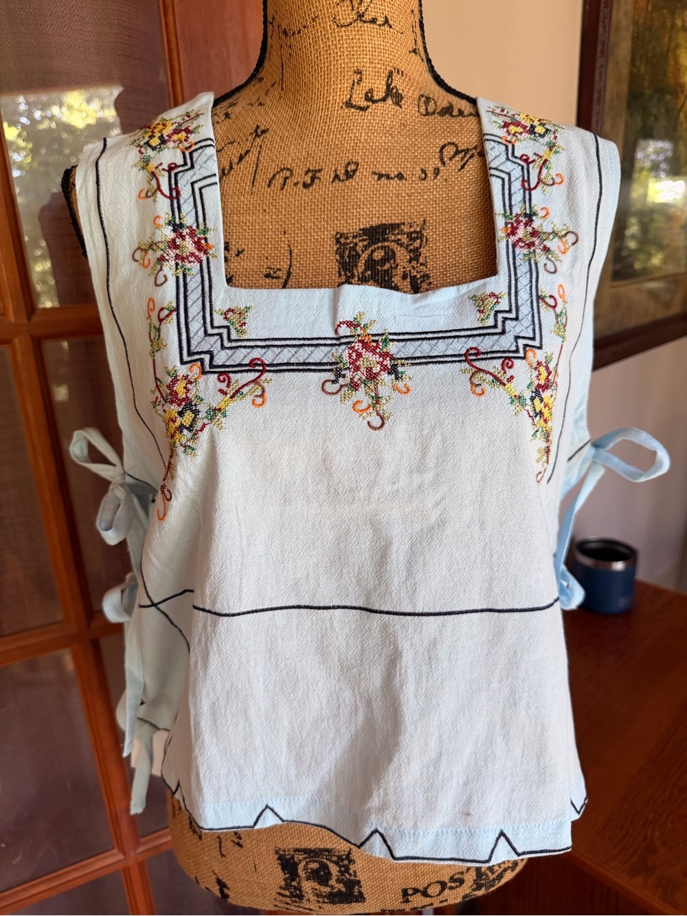 Light Blue Embroidered Square-Neck Tank with Side Ties